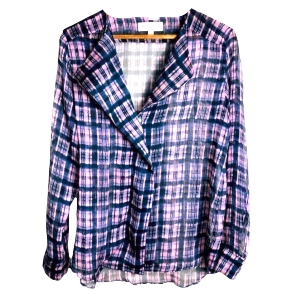 4/$45 PHILOSOPHY Navy Blue Pink Plaid Long Sleeve Button Down Sheer Top Large
